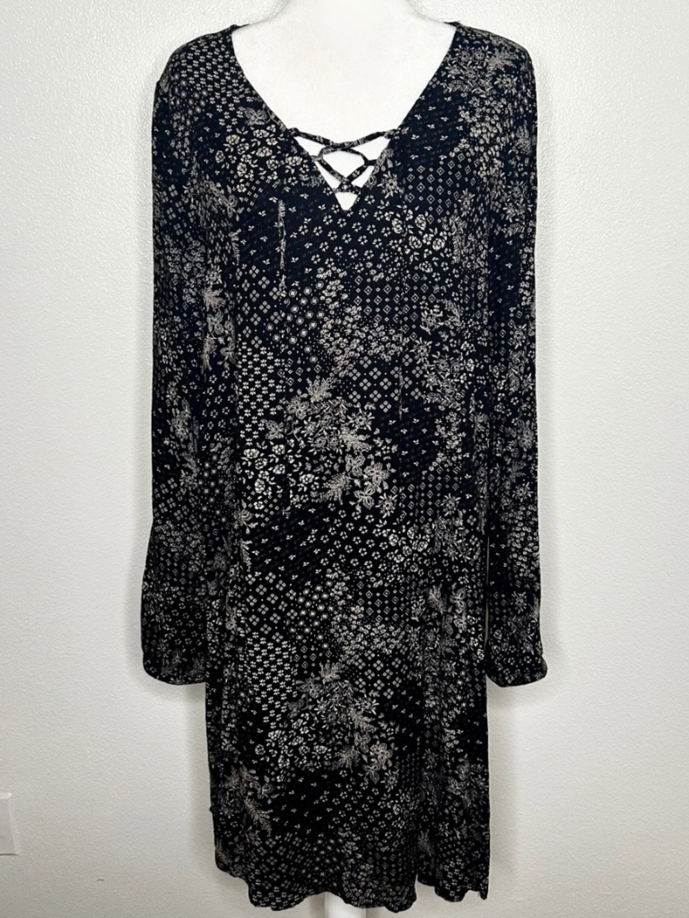 New Old Navy Womens Black Floral Long Sleeve Booho Peasant Dress Size L Tall